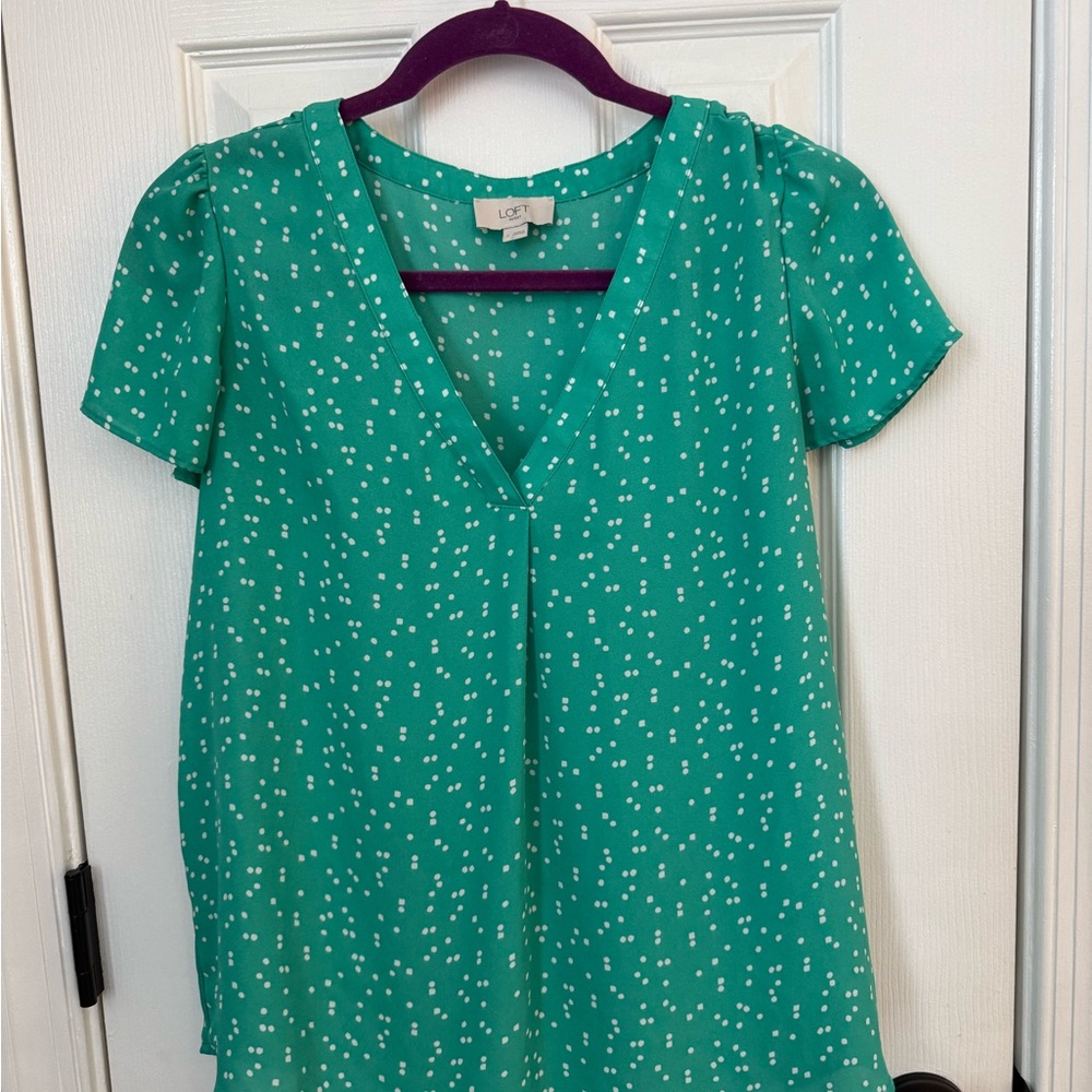 LOFT Seafoam Teal and White Polka Dot Short Sleeve Blouse